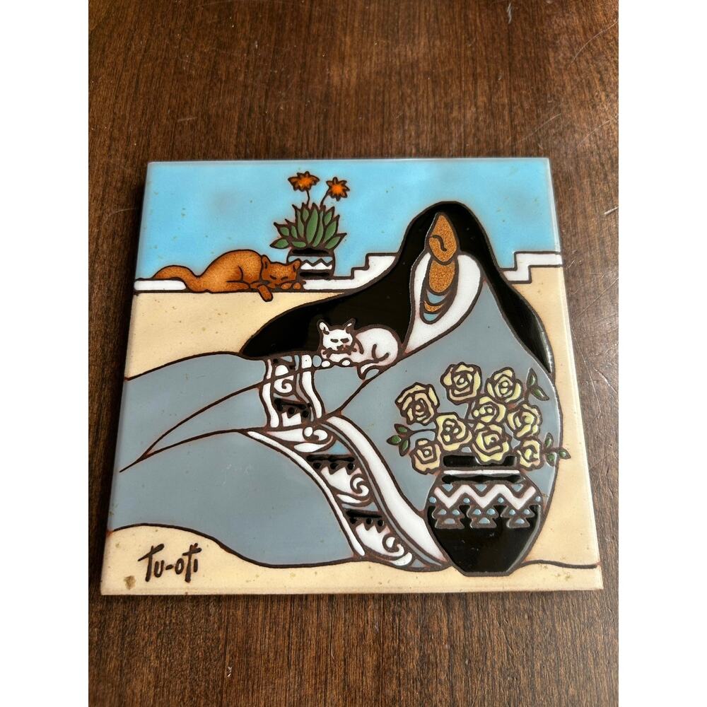 Vintage southwestern ceramic art tile by artist Gale Tu-Oti cat native woman